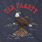 Close-up of Tea Paahty Eagle hoodie in heather blue — eagle graphic detail