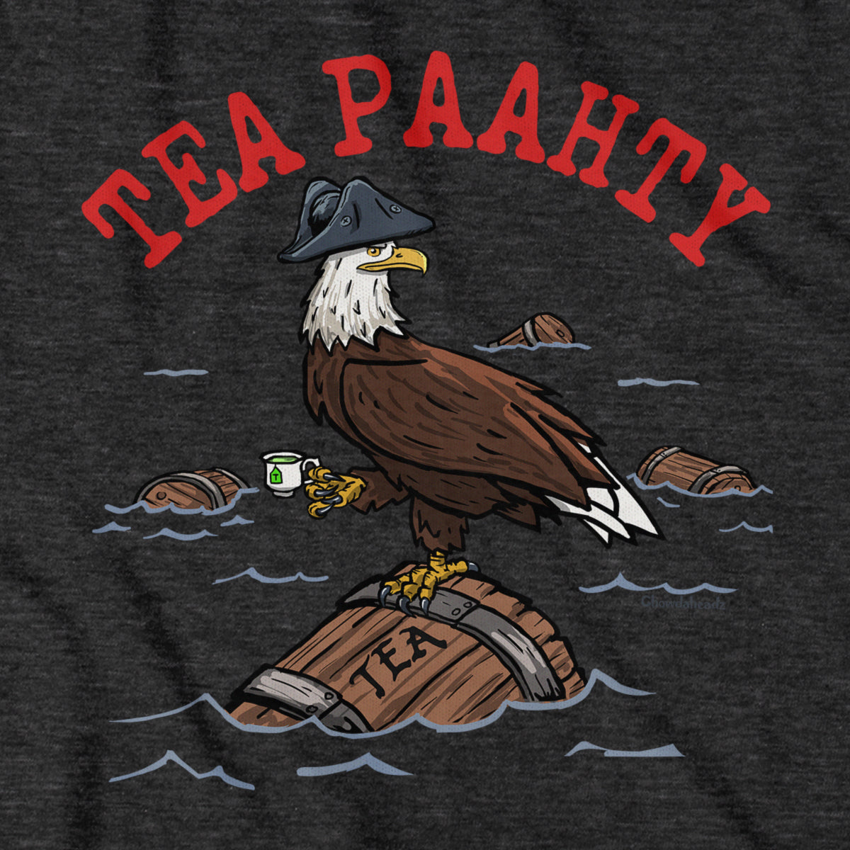 Close-up of Tea Paahty Eagle t-shirt design — eagle graphic and Boston-accent lettering