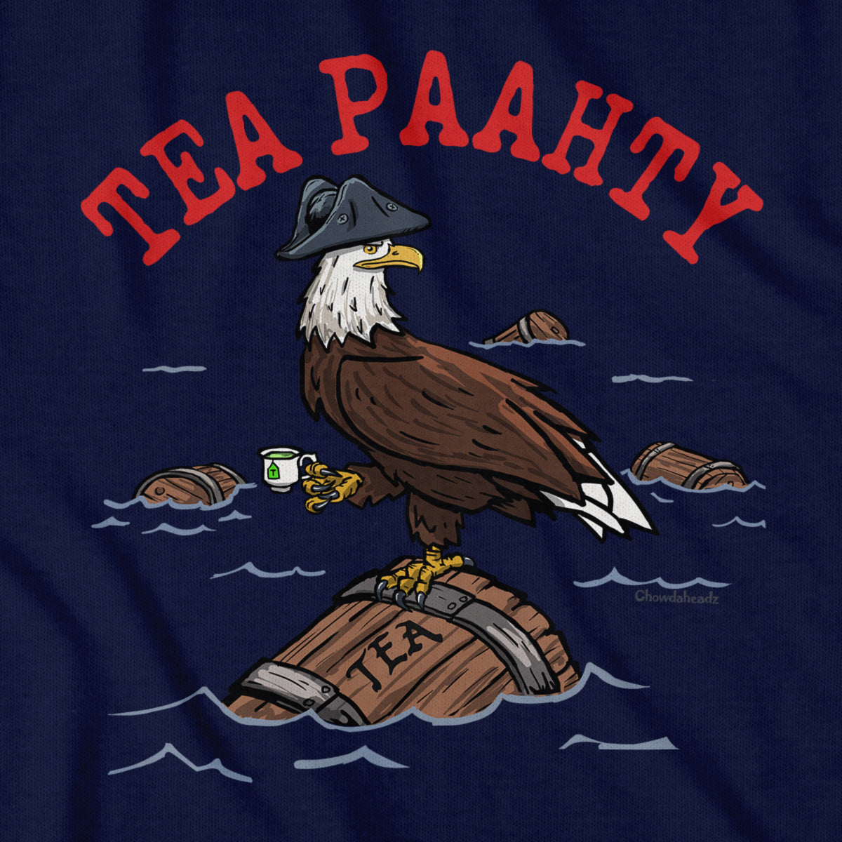 Close-up of Tea Paahty Eagle t-shirt in navy — eagle and lettering detail