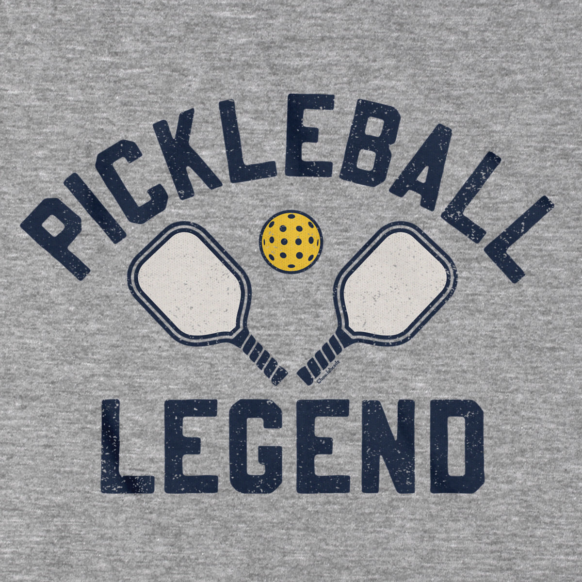 Close-up of gray Pickleball Legend t-shirt graphic — bold pickleball-themed chest print