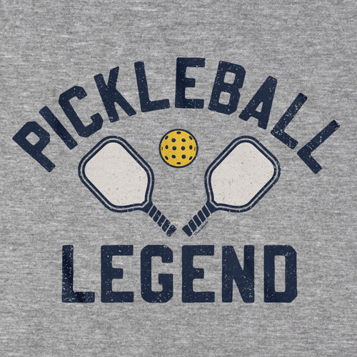 Close-up of gray Pickleball Legend t-shirt graphic — bold pickleball-themed chest print