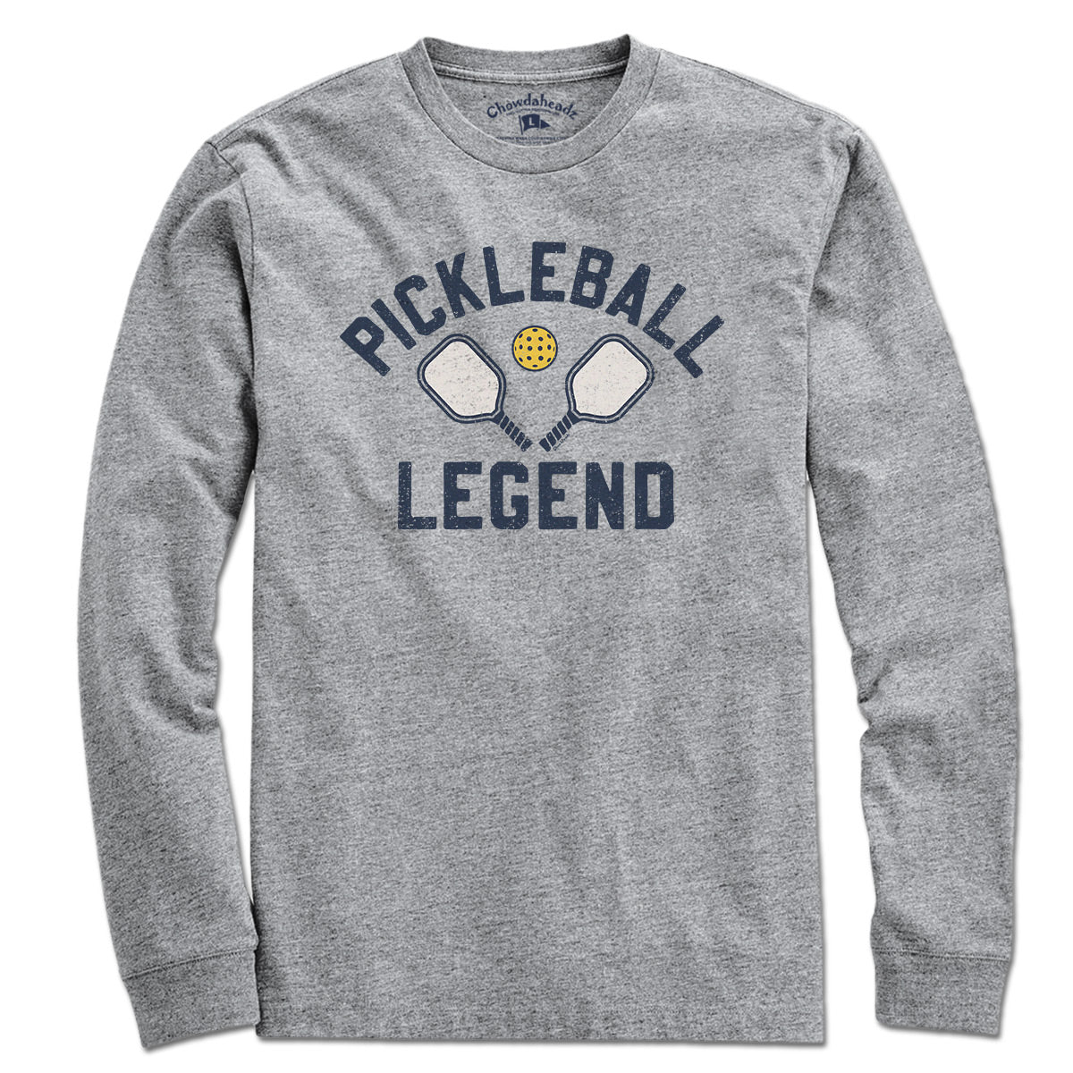 Pickleball Legend long sleeve in gray — 'Pickleball Legend' chest graphic on soft cotton