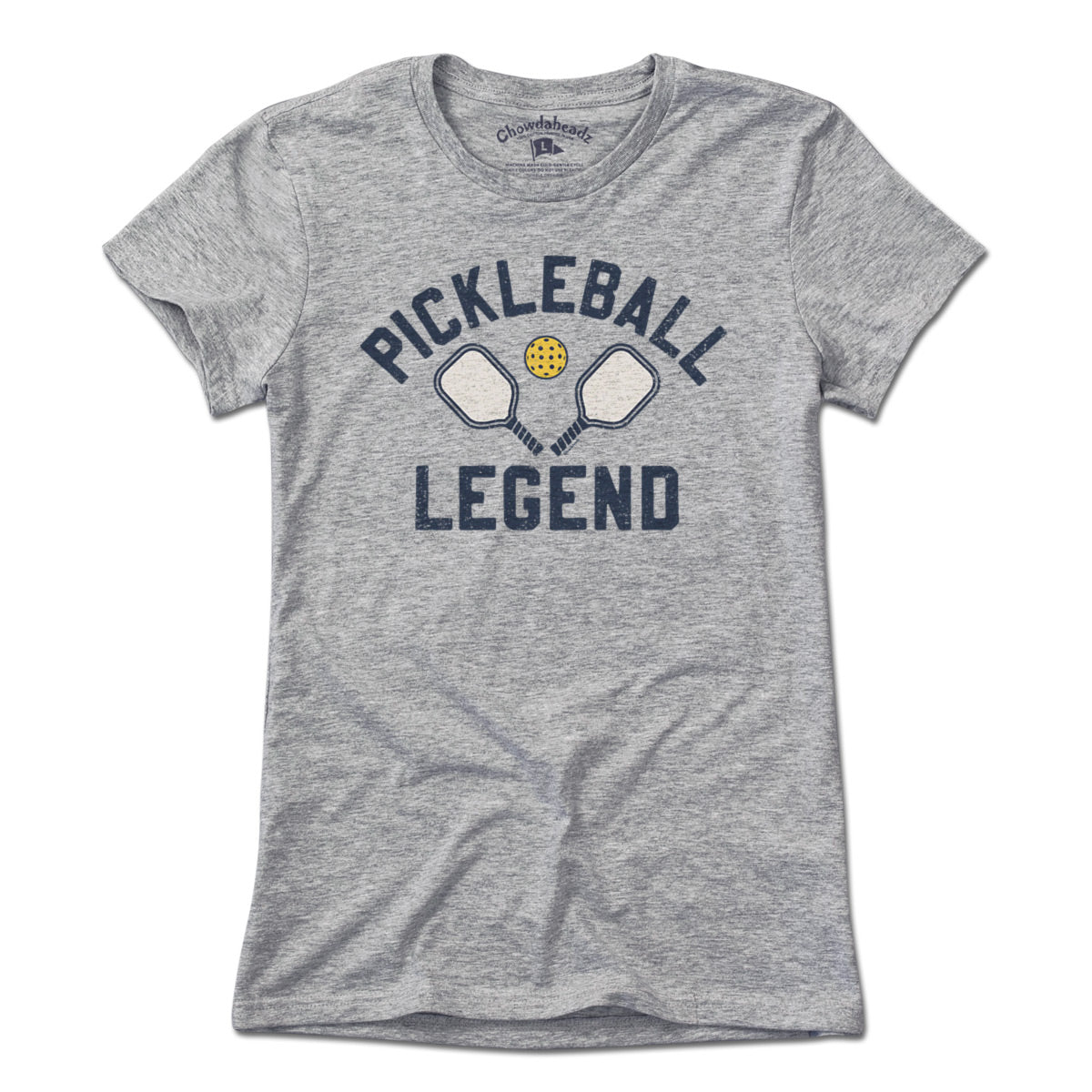 Pickleball Legend ladies tee in gray — women's cut with 'Pickleball Legend' chest graphic