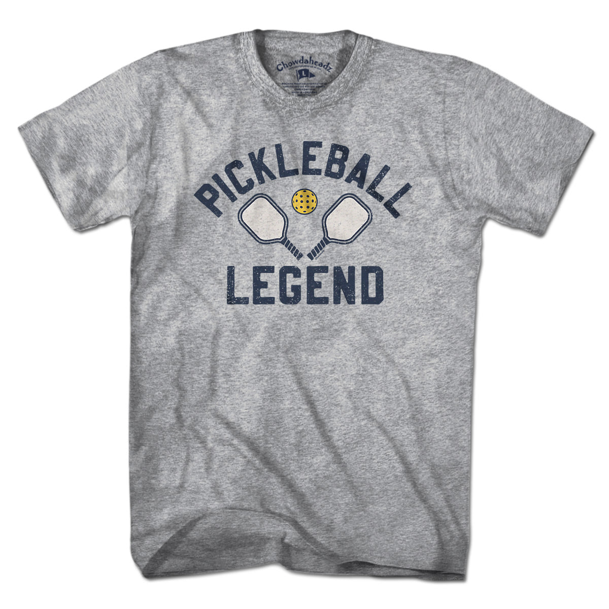 Pickleball Legend t-shirt in gray — unisex cut with bold 'Pickleball Legend' chest graphic