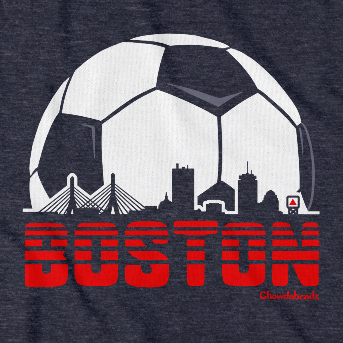 Close-up of Boston Soccer Skyline graphic on heather blue — new england soccer hoodie detail