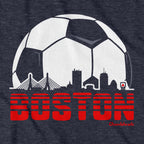 Close-up of Boston Soccer Skyline graphic on heather blue — new england soccer hoodie detail