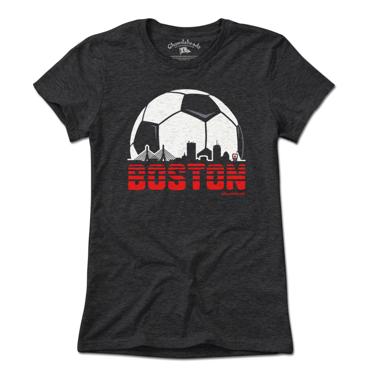 Ladies Boston Soccer Skyline t-shirt in charcoal — ladies new england soccer tee