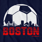 Close-up of Boston Soccer Skyline graphic on navy — new england soccer t-shirt detail
