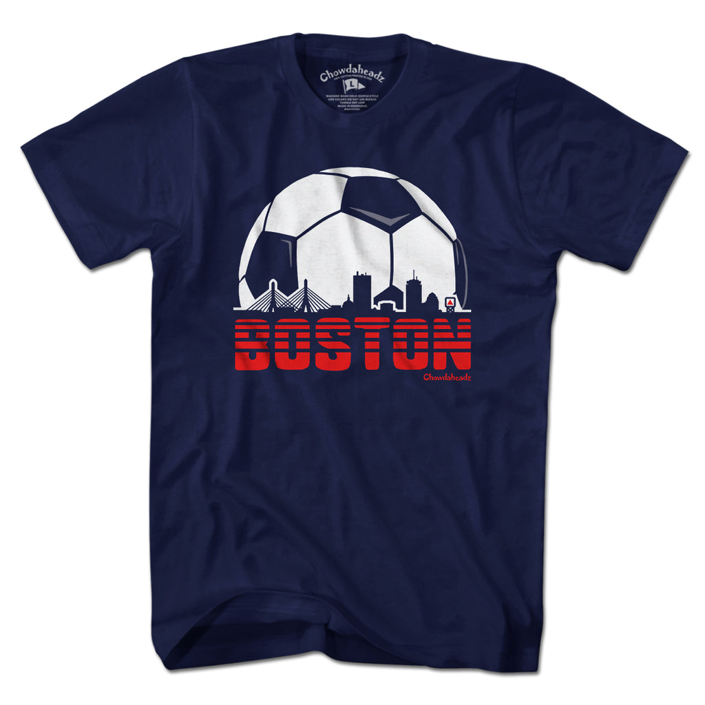 Men's Boston Soccer Skyline t-shirt in navy — boston soccer tee with skyline graphic