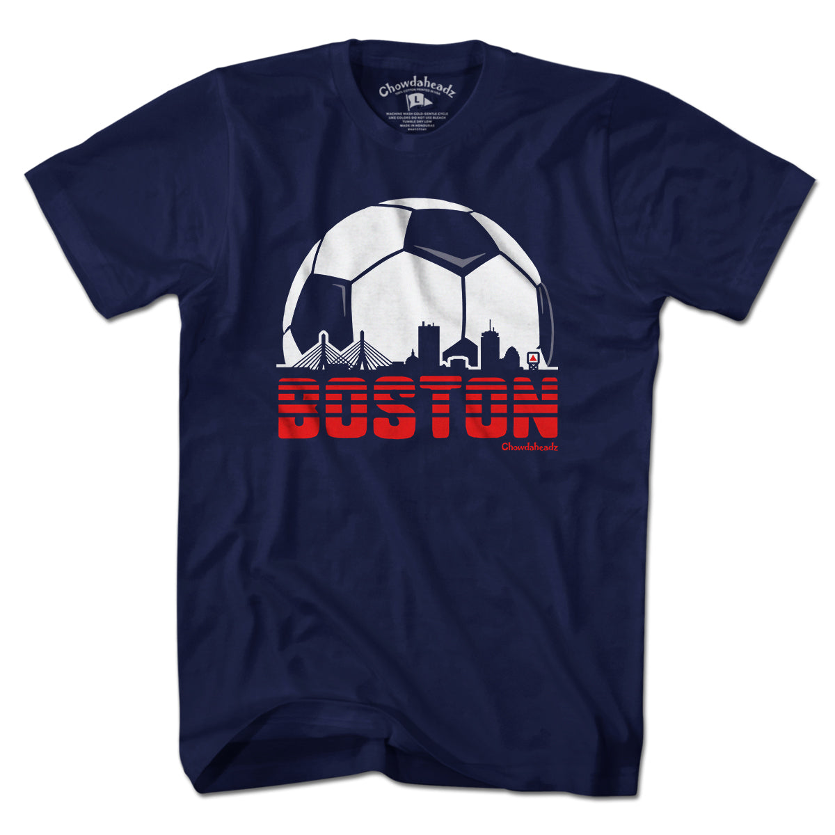 Men's Boston Soccer Skyline t-shirt in navy — boston soccer tee with skyline graphic
