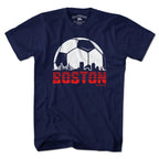 Men's Boston Soccer Skyline t-shirt in navy — boston soccer tee with skyline graphic