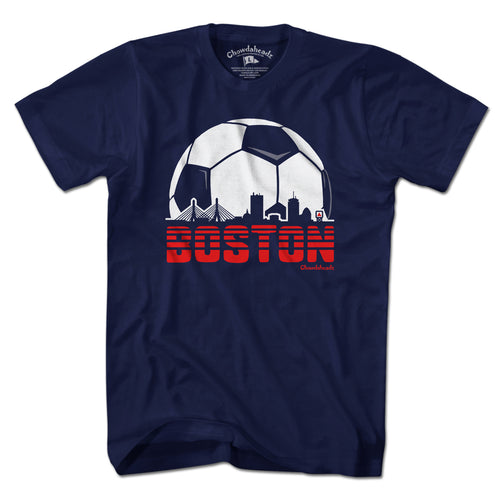 Men's Boston Soccer Skyline t-shirt in navy — boston soccer tee with skyline graphic