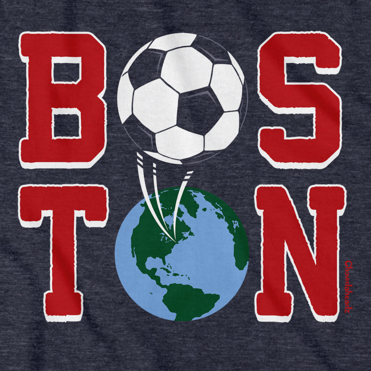 Close-up of Boston Soccer Stacked graphic on heather blue — boston soccer hoodie detail