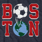 Close-up of Boston Soccer Stacked graphic on heather blue — boston soccer hoodie detail