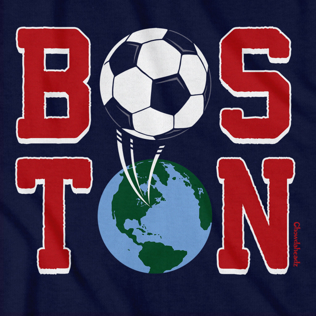 Close-up of Boston Soccer Stacked graphic on navy — boston soccer tee detail