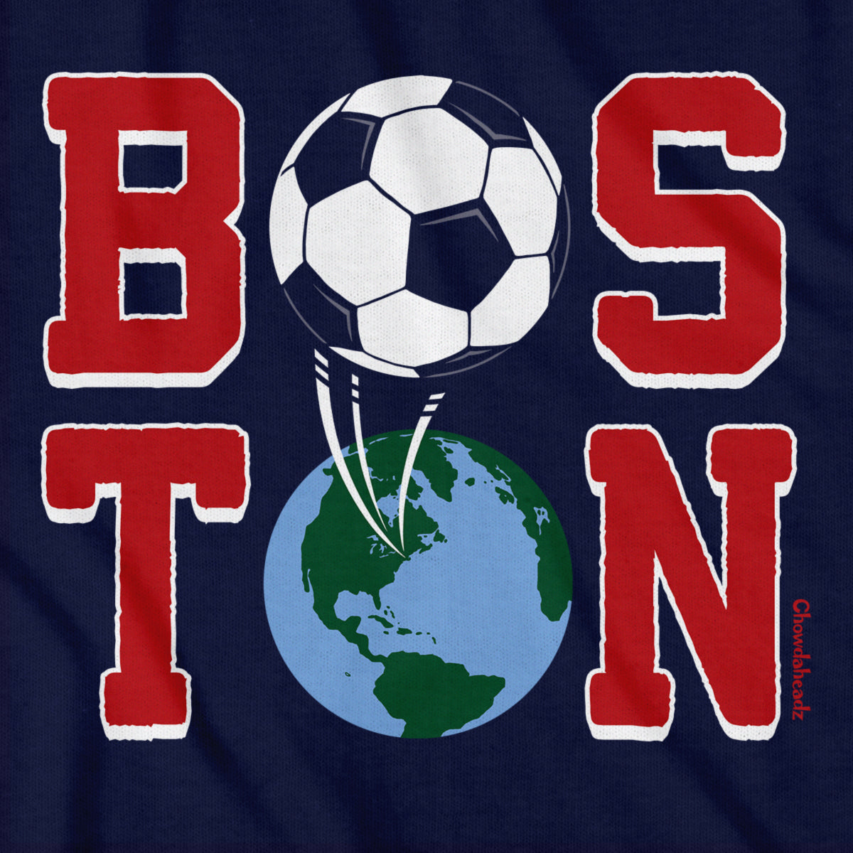 Close-up of Boston Soccer Stacked graphic on navy — boston soccer tee detail