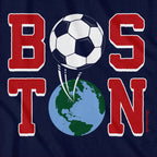 Close-up of Boston Soccer Stacked graphic on navy — boston soccer tee detail