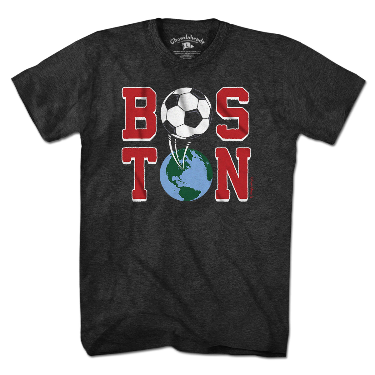 Men's Boston Soccer Stacked t-shirt in charcoal — stacked boston soccer tee