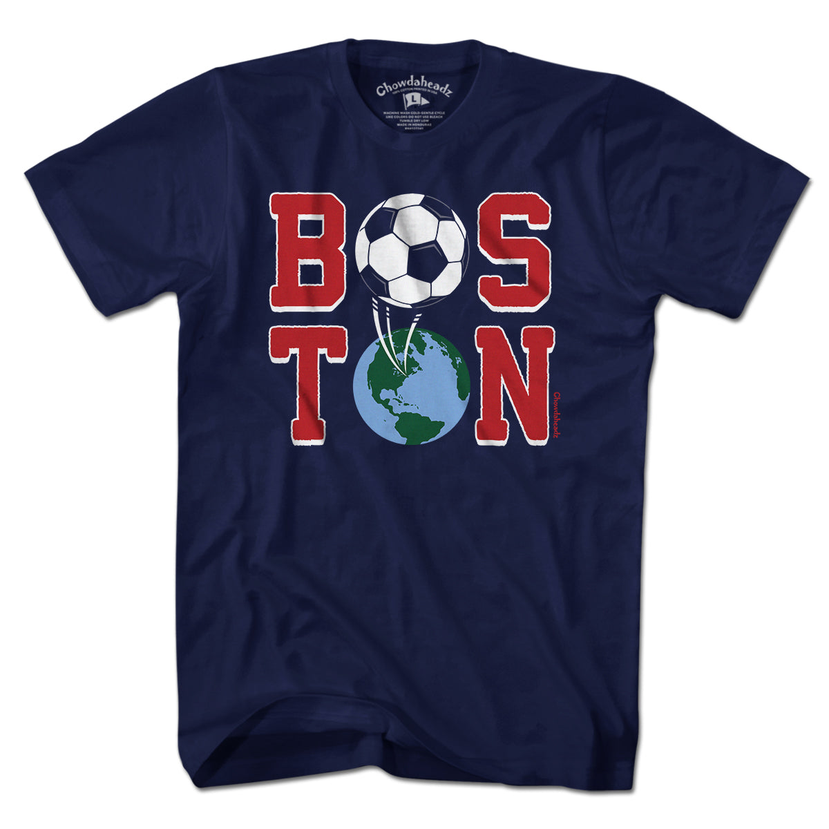 Men's Boston Soccer Stacked t-shirt in navy — boston soccer tee with stacked type