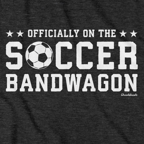 Close-up of Soccer Bandwagon hoodie graphic on charcoal — funny soccer fan hoodie