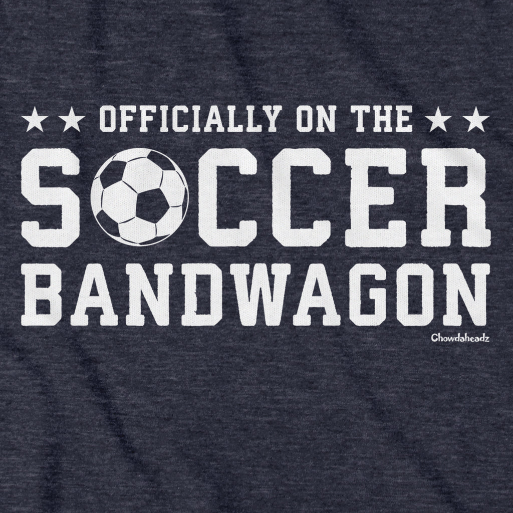 Close-up of Soccer Bandwagon hoodie graphic on heather blue — boston soccer hoodie