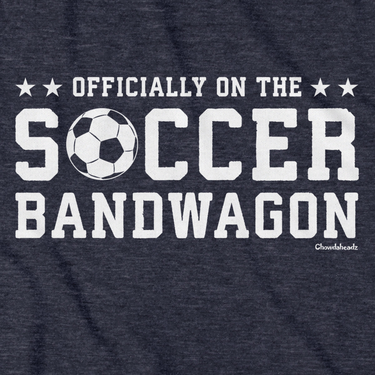 Close-up of Soccer Bandwagon hoodie graphic on heather blue — boston soccer hoodie
