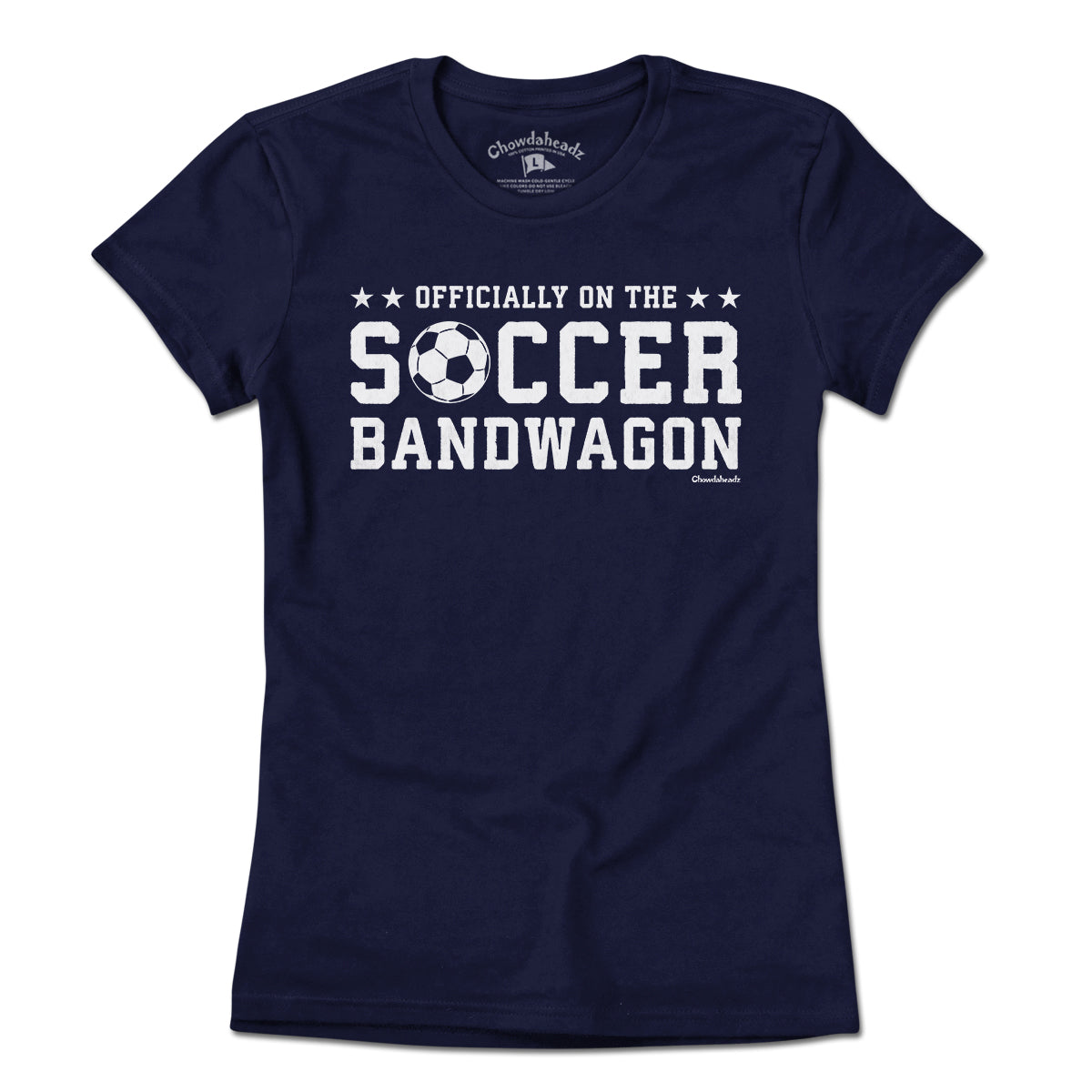 Ladies Officially On The Soccer Bandwagon t-shirt in navy — ladies funny soccer tee