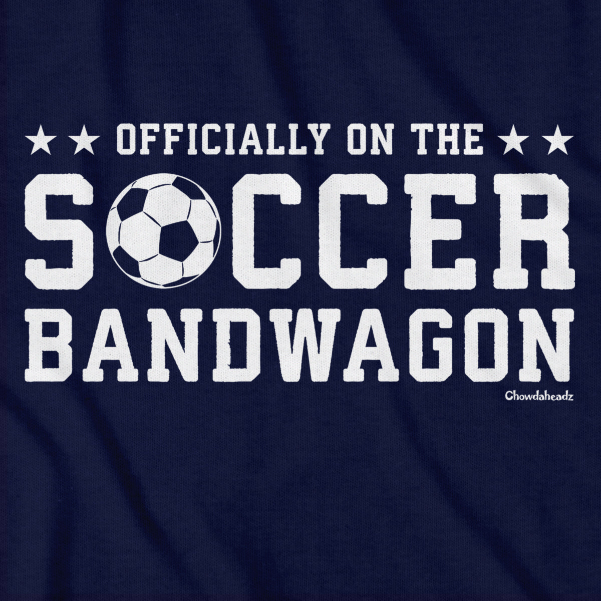 Close-up of Soccer Bandwagon graphic on navy — funny soccer t-shirt detail