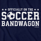 Close-up of Soccer Bandwagon graphic on navy — funny soccer t-shirt detail