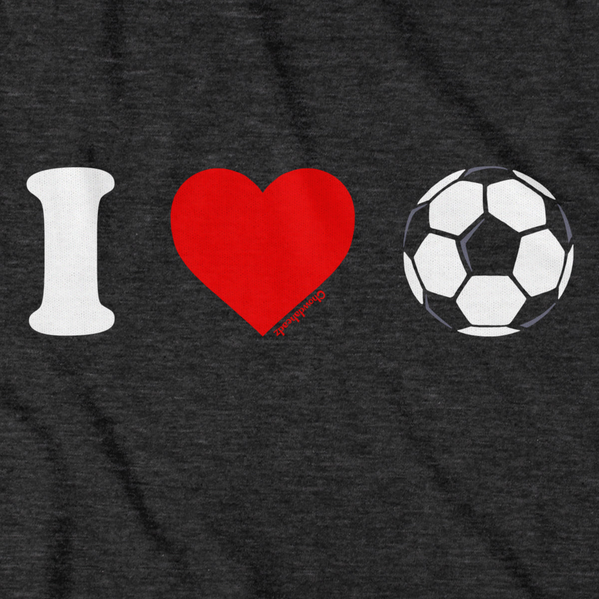 Close-up of I Heart Soccer graphic on charcoal — soccer fan hoodie detail
