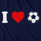 Close-up of I Heart Soccer graphic on navy — boston soccer tee detail
