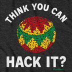 Close-up of Think You Can Hack It? hoodie in charcoal — hacky sack graphic detail