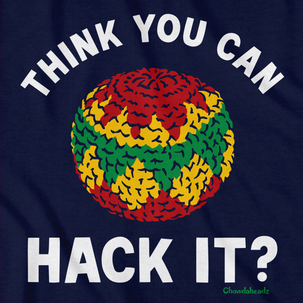 Close-up of Think You Can Hack It? t-shirt in navy — hacky sack graphic detail