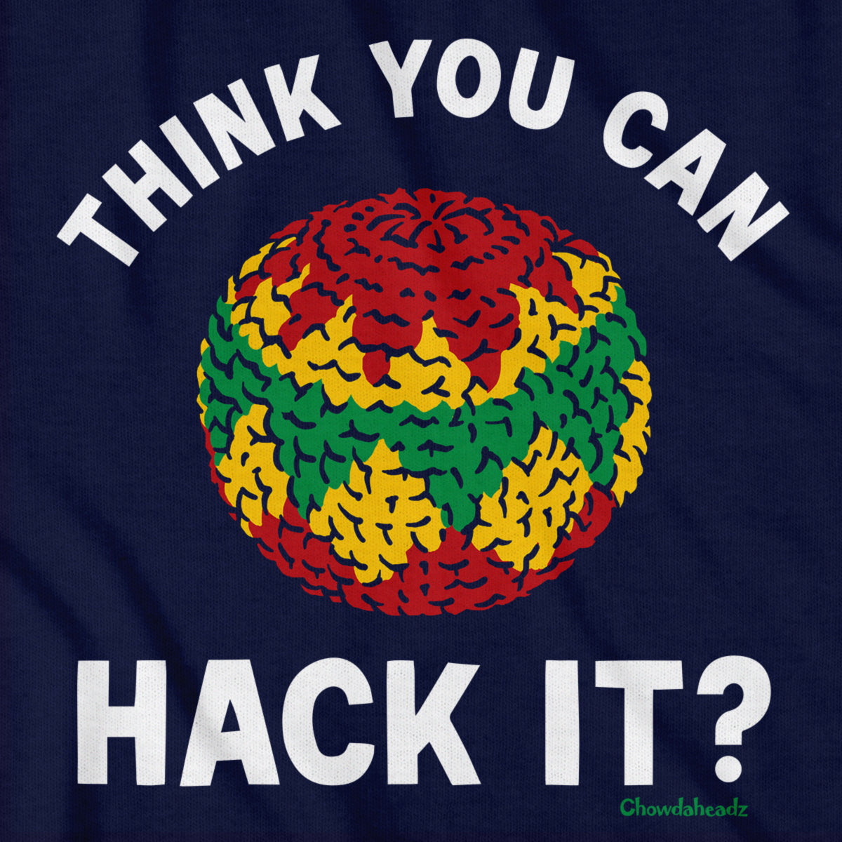 Close-up of Think You Can Hack It? t-shirt in navy — hacky sack graphic detail