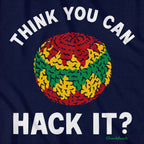 Close-up of Think You Can Hack It? t-shirt in navy — hacky sack graphic detail