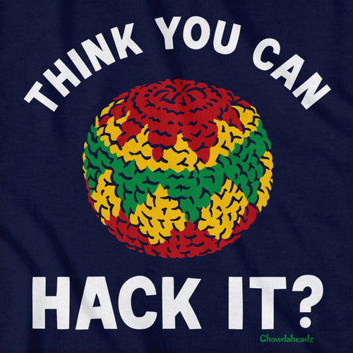 Close-up of Think You Can Hack It? t-shirt in navy — hacky sack graphic detail