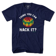 Think You Can Hack It? Hacky Sack t-shirt in navy — retro hacky sack tee