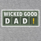 Close-up of Wicked Good Dad Scoreboard t-shirt in gray — scoreboard graphic detail