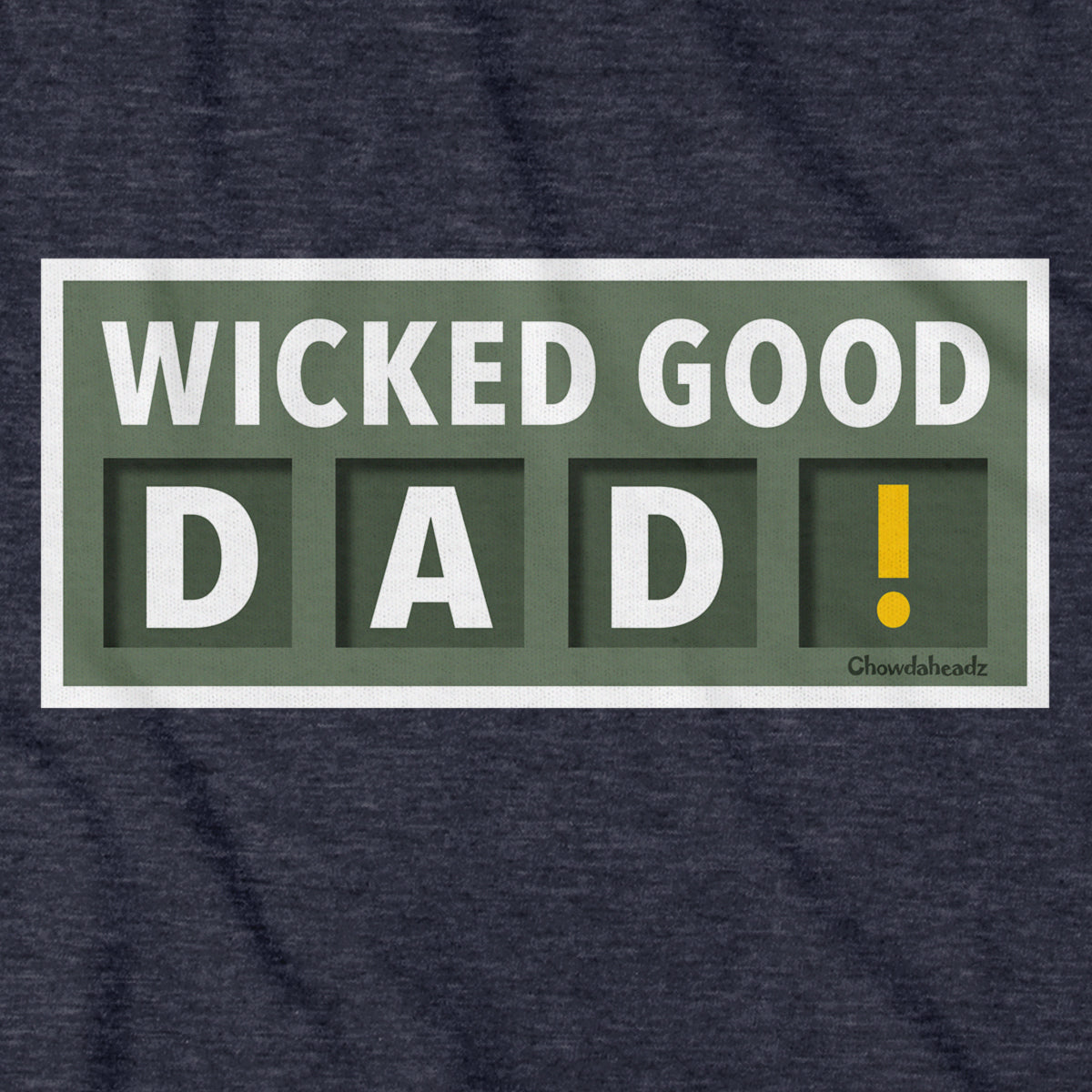 Close-up of Wicked Good Dad Scoreboard hoodie in heather blue — scoreboard graphic detail