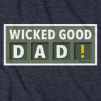 Close-up of Wicked Good Dad Scoreboard hoodie in heather blue — scoreboard graphic detail