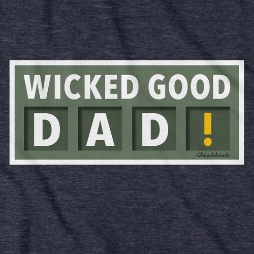 Close-up of Wicked Good Dad Scoreboard hoodie in heather blue — scoreboard graphic detail