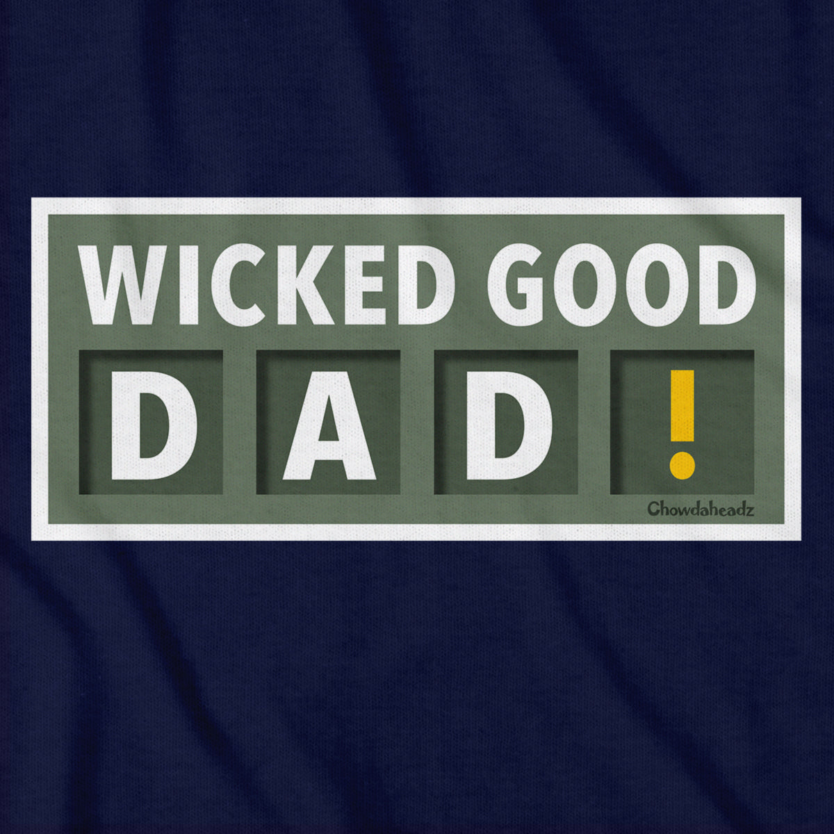 Close-up of Wicked Good Dad Scoreboard t-shirt in navy — scoreboard graphic detail