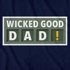 Close-up of Wicked Good Dad Scoreboard t-shirt in navy — scoreboard graphic detail