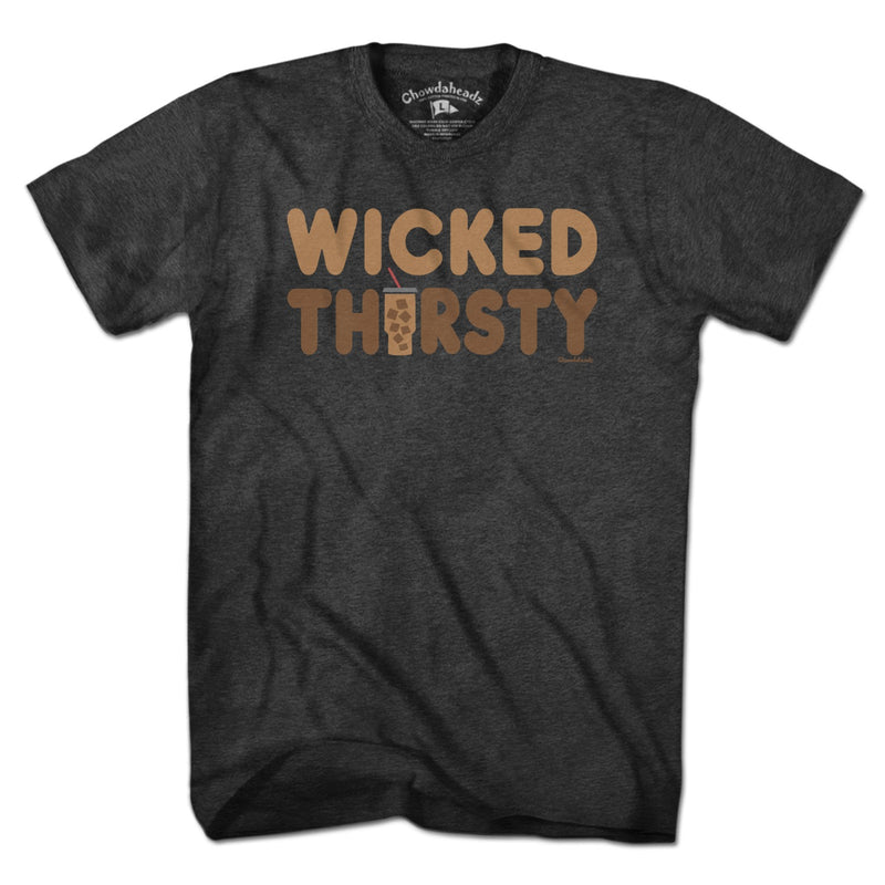 Wicked Thirsty Iced Coffee T-Shirt — men's tee flat lay in Charcoal