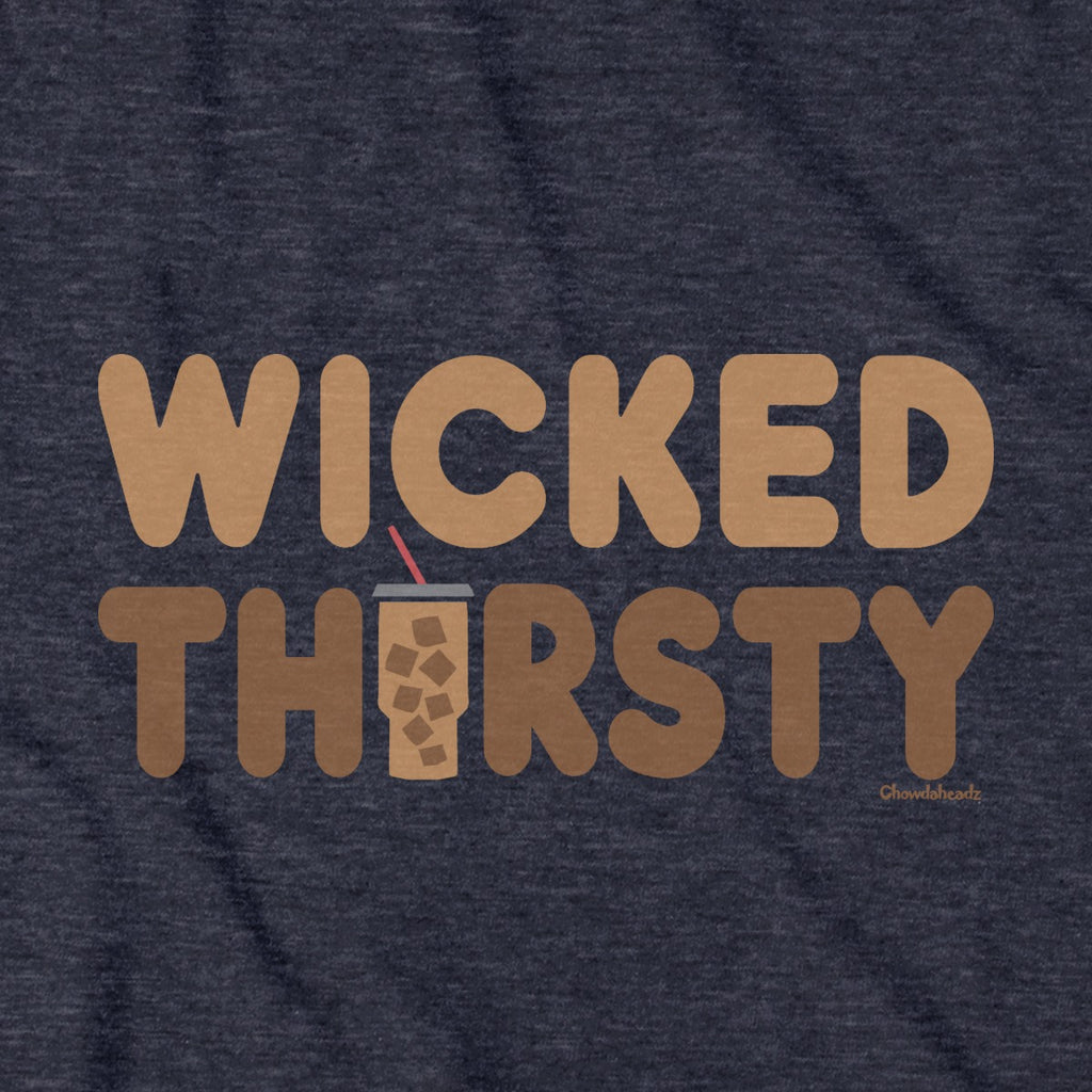 Wicked Thirsty Iced Coffee T-Shirt — graphic detail in Heather Blue