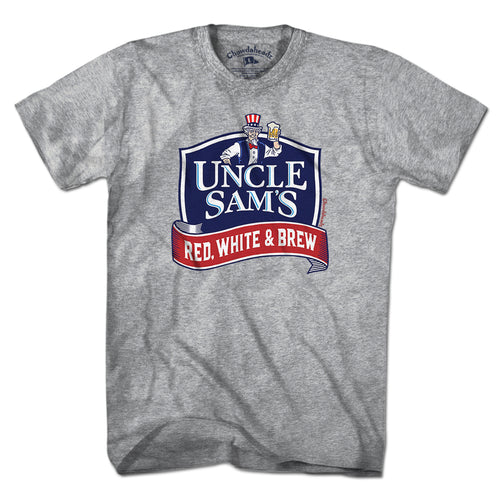 Men's Tee in Gray with Uncle Sam's Red White & Brew patriotic craft beer graphic