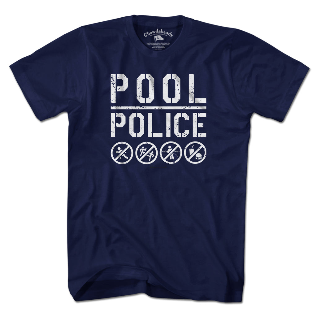 Men's Tee in Navy with Pool Police parody badge graphic