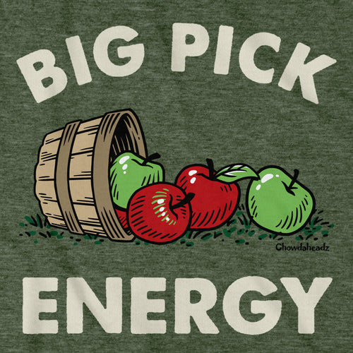 Big Pick Energy apple picking hoodie graphic detail in Military Green