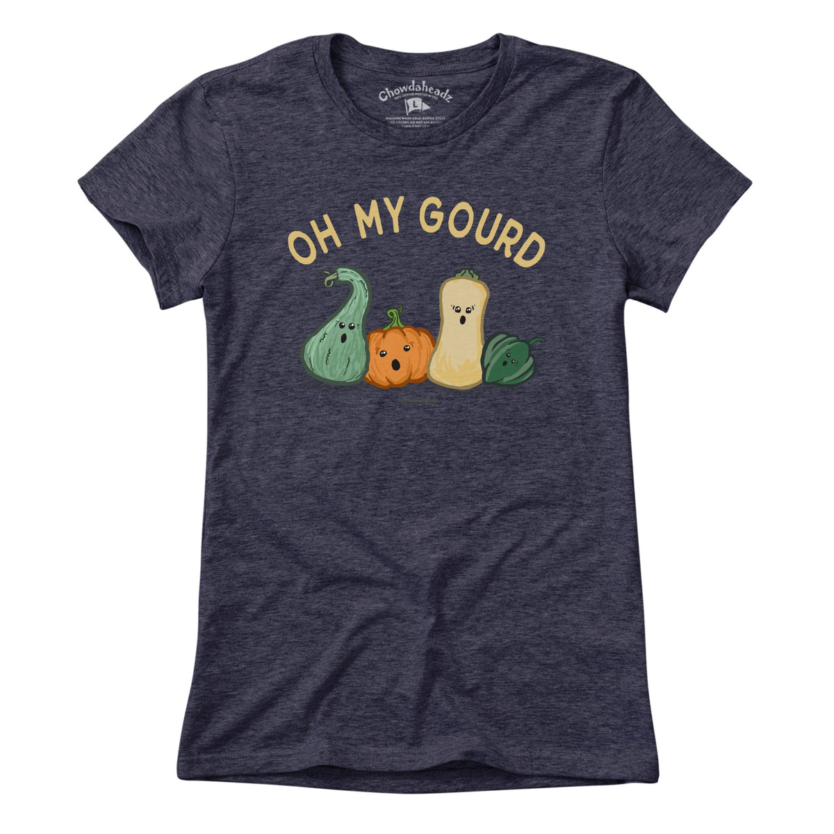 Ladies Tee in Heather Blue with Oh My Gourd fall pumpkin graphic