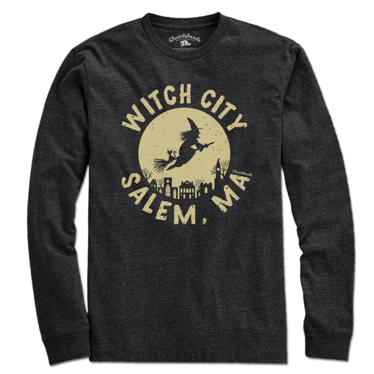 Long Sleeve in Charcoal with Witch City Salem MA Skyline graphic